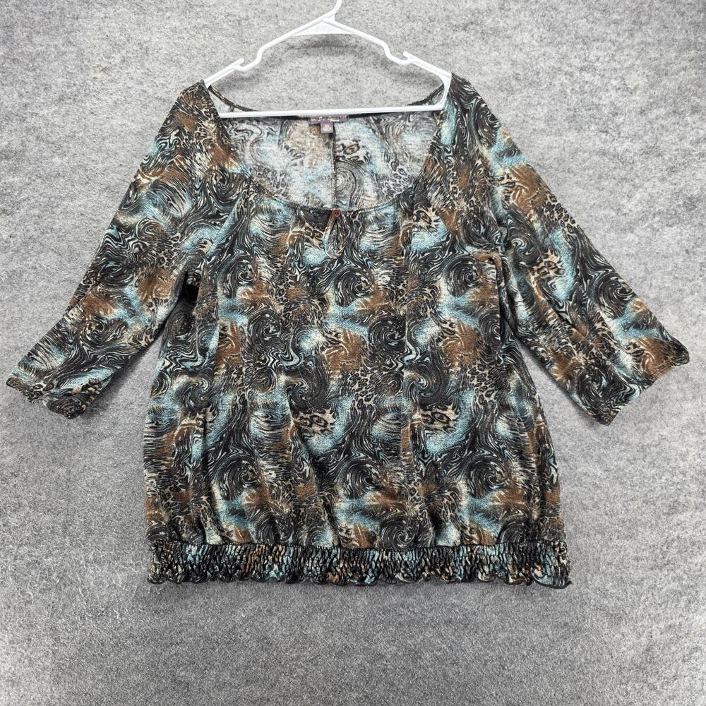 Susie Couture Woman Shirt Womens 2X Teal Brown 3/4 Sleeve Smocked Made in USA